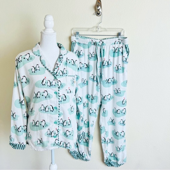 Munki Munki White & Blue Penguin Snow Striped Pajama Long Sleeve Pants Set - Picture 2 of 15